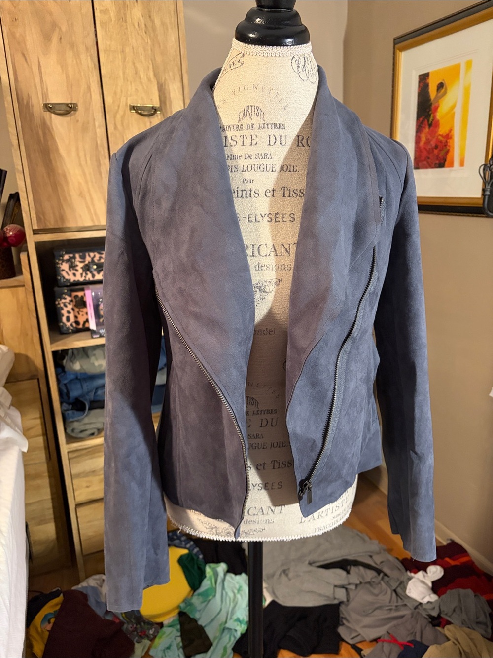 Carmen Marc Valvo Suede Asymmetrical Zip Jacket - Slate Blue - Small